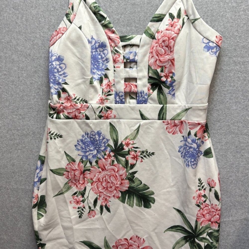 Trac Women’s Floral V-Neck Sleeveless Mini Dress Large Zip Up Back